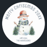 Cute Snowman Christmas Tree Winter Christmas Classic Round Sticker<br><div class="desc">Make your gifts extra festive with our Cute Snowman Christmas Tree Winter Christmas Classic Round Sticker! Personalise it with your name to add a special touch to your presents. Spread holiday cheer with this adorable snowman design that will surely put a smile on your loved ones' faces.</div>