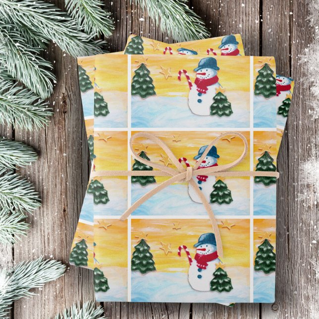 Cute Snowman Christmas Tree Winter Pattern Kids  Wrapping Paper Sheet (Creator Uploaded)
