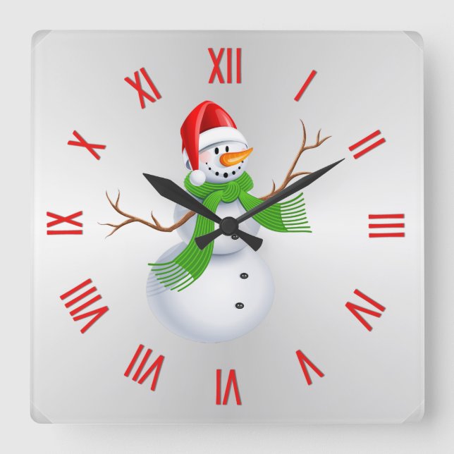 Cute Snowman Christmas w Roman Numerals Square Wall Clock (Front)