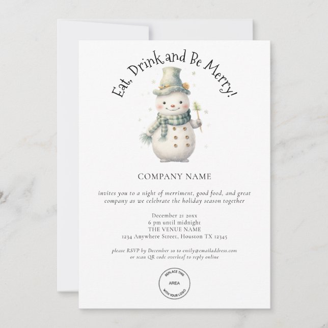 Cute Snowman Company Logo QR Code Christmas Party Invitation (Front)