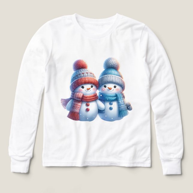 Cute Snowman Couple Winter Illustration T-Shirt (Design Front)