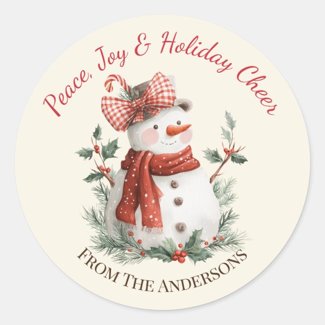 Cute Snowman Custom Holiday  Classic Round Sticker (Front)