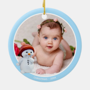 Cute Snowman & Custom Photo on Light Blue Ceramic Tree Decoration