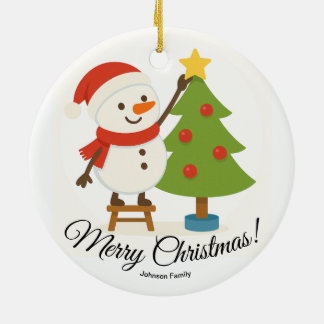 Cute Snowman Decorating Tree Personalized Name Ceramic Tree Decoration