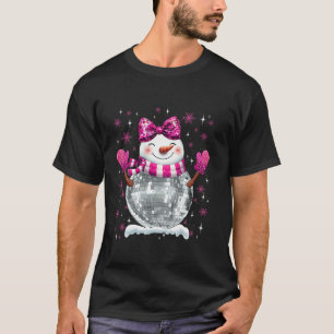 Cute Snowman Disco Ball Christmas Coquette Bow Wom T-Shirt