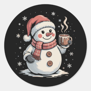 Cute Snowman Drink Coffee Winter Snowflake Xmas Classic Round Sticker