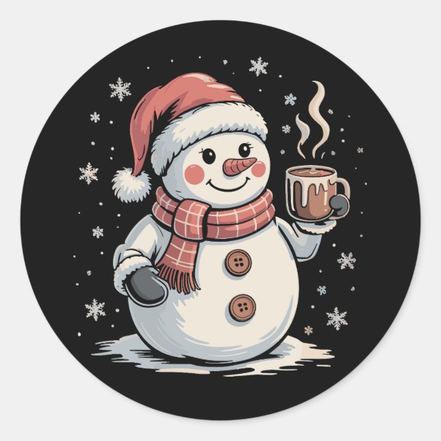 Cute Snowman Drink Coffee Winter Snowflake Xmas Classic Round Sticker (Front)