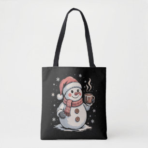 Cute Snowman Drink Coffee Winter Snowflake Xmas Tote Bag