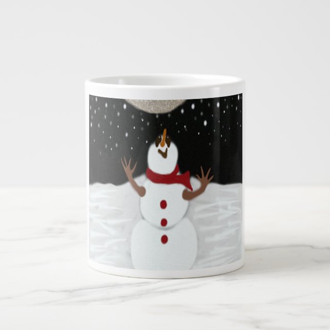 Cute Snowman Enjoying The Moon Painting Large Coffee Mug (Front)