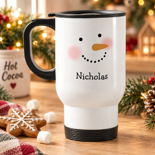 Cute Snowman Face Custom Name Winter Christmas Travel Mug