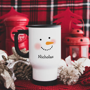 Cute Snowman Face Custom Name Winter Christmas Travel Mug