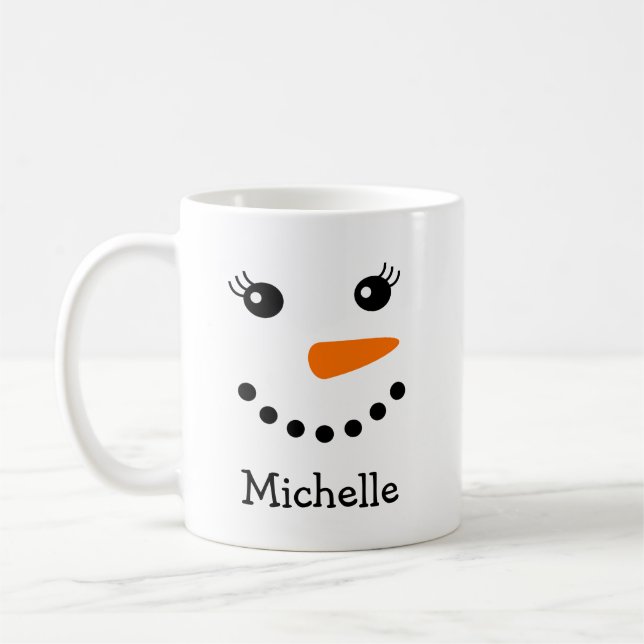 Cute Snowman Face Personalised Name Coffee Mug (Left)