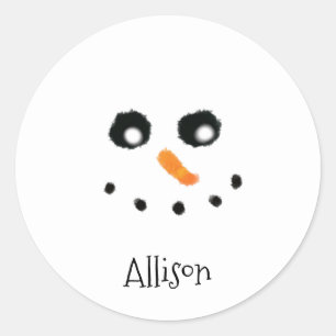 Cute Snowman Face Personalised Name Round Stickers