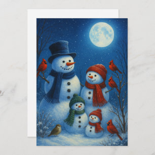 Cute Snowman Family In Snowy Moonlit Night Holiday Card