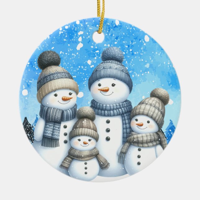 Cute snowman family in the snow ceramic tree decoration (Front)