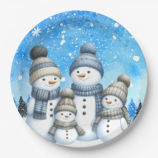 Cute snowman family in the snow paper plate