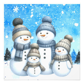 Cute snowman family in the snow photo print