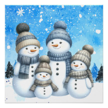 Cute snowman family in the snow