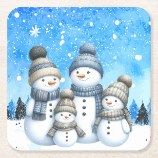 Cute snowman family in the snow square paper coaster