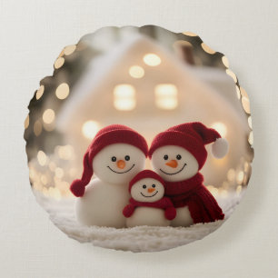 Cute Snowman Family Winter Christmas Round Cushion