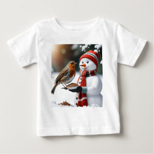 Cute Snowman feeding a Robin Christmas design Baby T-Shirt