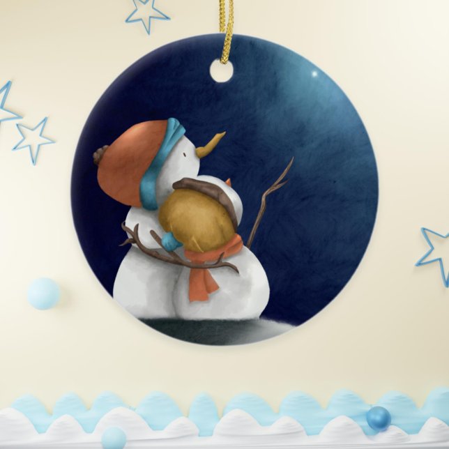 Cute Snowman First Anniversary Christmas Ceramic Tree Decoration (Cute Couple First Christmas Snowmen Ornament)