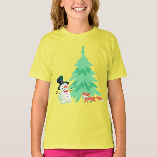 Cute Snowman, Fox Winter KIds Christmas Tree  T-Shirt (Front)