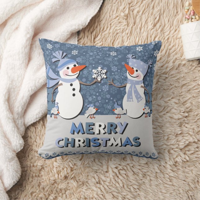 Cute Snowman Friends Throw Pillow (Blanket)