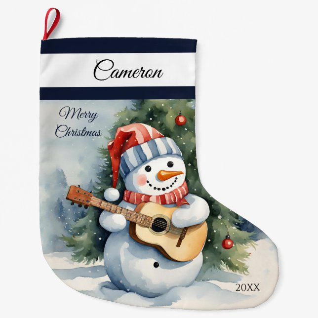 Cute Snowman Guitar Personalised  Large Christmas Stocking (Front)