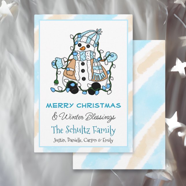 Cute Snowman Holding Christmas Lights Personalised Card (Creator Uploaded)