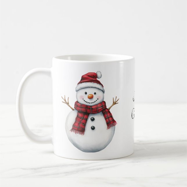Cute Snowman in a Red Plaid Scarf Coffee Mug (Left)