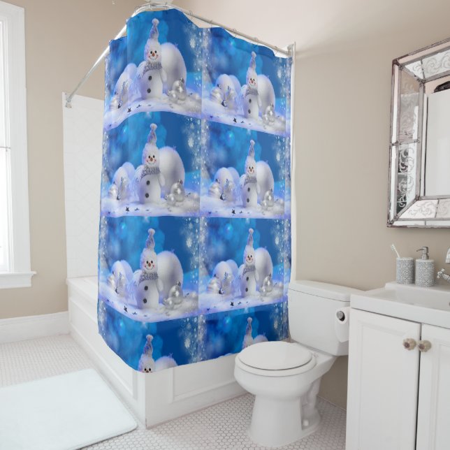 Cute Snowman in Blue White Snow Christmas Tub Show Shower Curtain (In Situ)