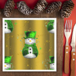 Cute Snowman in Green on Gold Christmas Napkin<br><div class="desc">This cute Christmas paper napkin has an adorable snowman pattern featuring the snowmen all dressed in matching green velvet top hats and vests. They are surrounded by green stars and gold star trails, with a gold metallic background behind them. These cute Christmas characters will be sure to add a very...</div>