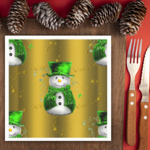 Cute Snowman in Green on Gold Christmas Napkin