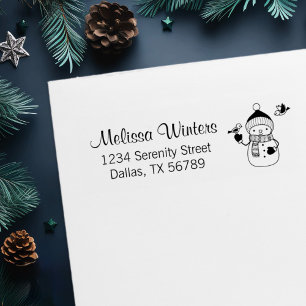 Cute Snowman in Knitted Hat and Scarf Address Self-inking Stamp