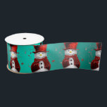 Cute Snowman in Red Velvet Christmas Satin Ribbon<br><div class="desc">A whimsical,  and very cute Christmas gift wrap ribbon,  featuring a pattern of little snowmen dressed in red jacket and matching velvet top hat on a colourful teal/aqua background.</div>