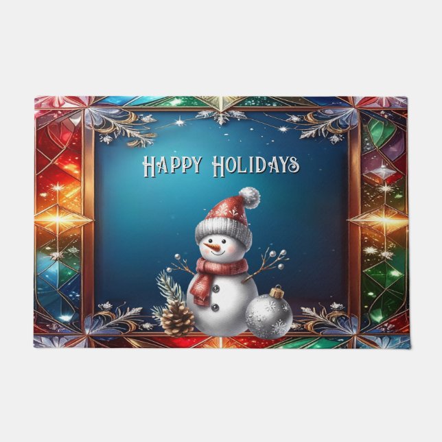 Cute Snowman in Stained Glass Frame Doormat (Front)