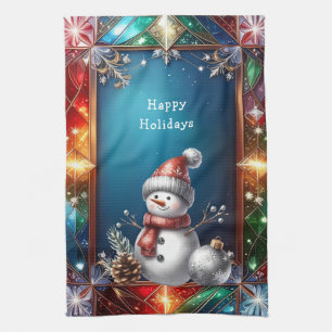 Cute Snowman in Stained Glass Frame Kitchen Towel