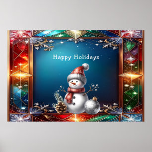 Cute Snowman in Stained Glass Frame Poster
