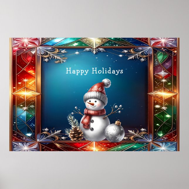 Cute Snowman in Stained Glass Frame Poster (Front)
