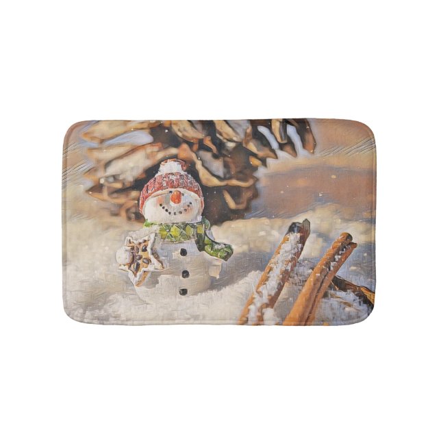 Cute Snowman in the snow watercolor painting  Bath Mat (Front)