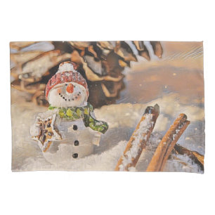 Cute Snowman in the snow watercolor painting Pillowcase
