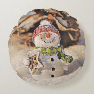 Cute Snowman in the snow watercolor painting  Round Cushion