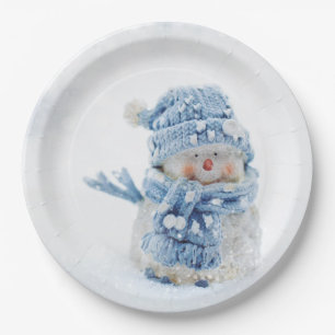 Cute Snowman in Winter Photograph Christmas Paper Plate