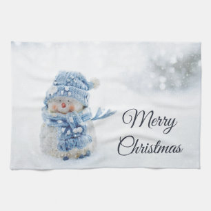 Cute Snowman in Winter Photograph Christmas Tea Towel