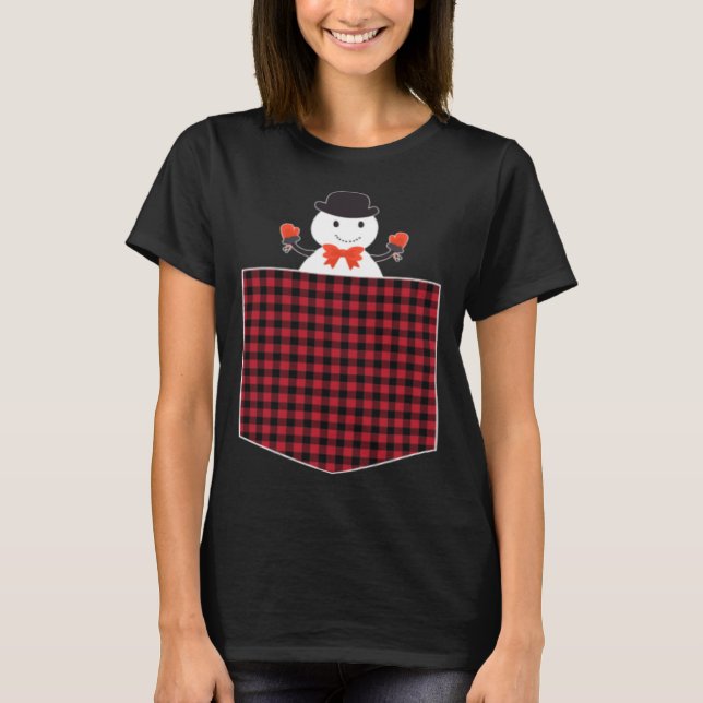 Cute Snowman Inside Buffalo Plaid Pocket Holiday C T-Shirt (Front)