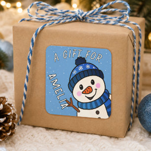 Cute Snowman Kids Name Christmas Gift Square Sticker