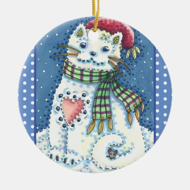 CUTE SNOWMAN KITTEN, SNOWFLAKES CAT AND MOUSE CERAMIC TREE DECORATION (Front)
