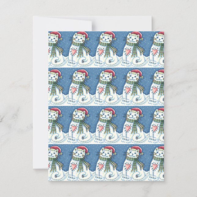 CUTE SNOWMAN KITTEN, SNOWFLAKES CAT AND MOUSE HOLIDAY CARD (Front)