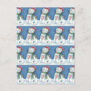 CUTE SNOWMAN KITTEN, SNOWFLAKES CAT AND MOUSE HOLIDAY POSTCARD